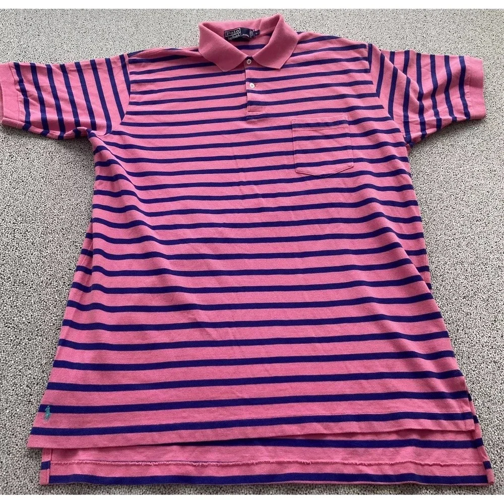 Vintage Polo Ralph Lauren The Big Shirt Size Large Pink Navy Blue Stripe Pony